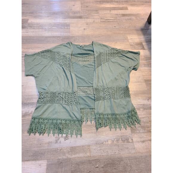 Est 1948 small women's sage green open front crochet lace accent cardigan - Picture 1 of 6